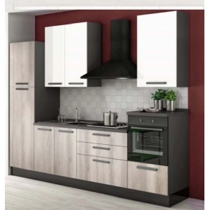 Cucina componibile moderna e luminosa con pensili bianchi e cappa aspirante scura.