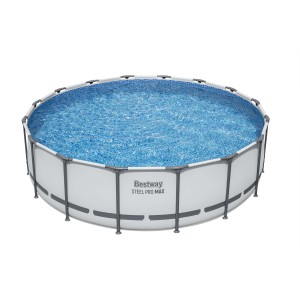 Piscina rotonda Bestway Steel Pro Max con acqua blu e parete esterna bianca.