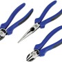 Set pinze LUX Comfort, 3 pezzi: pinza universale, tronchese laterale, pinza a becchi lunghi con manici blu e neri.