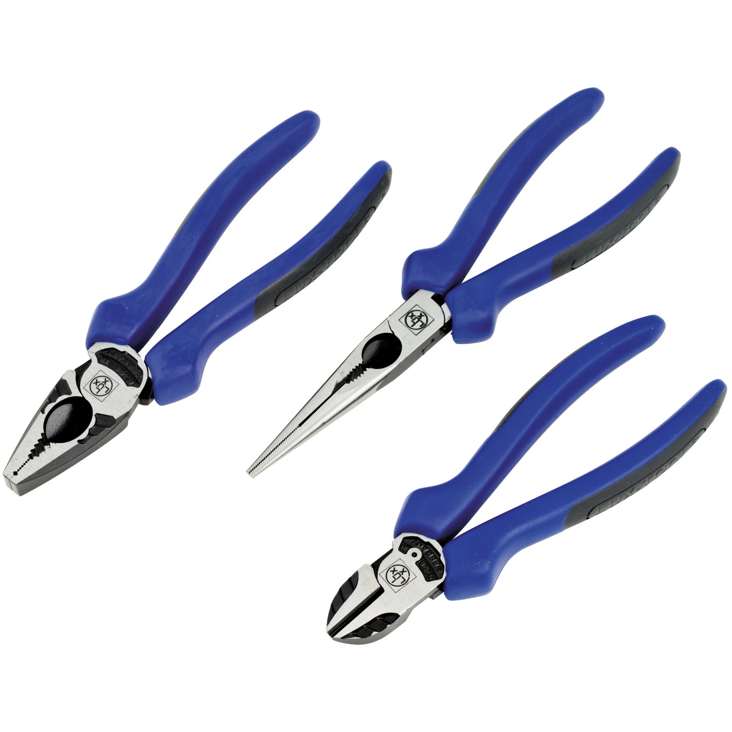 Set pinze LUX Comfort, 3 pezzi: pinza universale, tronchese laterale, pinza a becchi lunghi con manici blu e neri.