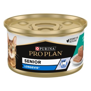 Lattina di cibo umido per gatti Pro Plan Senior, alimento completo per gatti anziani.