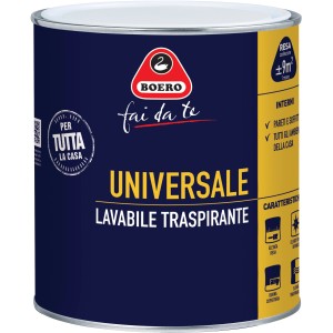 Barattolo blu scuro di pittura per interni Boero Universal, lavabile e traspirante.