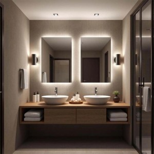 Bagno con due specchi da parete t.b.t. illuminati sopra i lavabi.