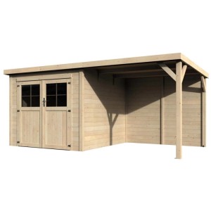 Casetta da giardino in legno Paradis Contact con tetto piatto, doppia porta e area coperta. Legno naturale non trattato.