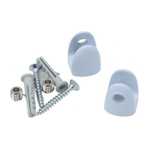 Kit di montaggio per mensole: Due supporti per mensole bianchi, viti e tasselli.