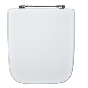 Sedile WC t.b.t. bianco con cerniere cromate, vista dall'alto.