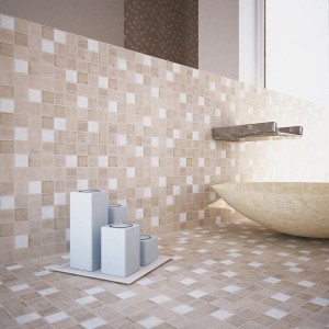 Piastrelle mosaico beige di t.b.t. in bagno con lavabo e decorazioni.