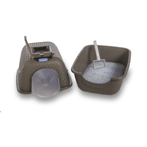Toilette per gatti marrone con coperchio e paletta, inclusa lettiera.