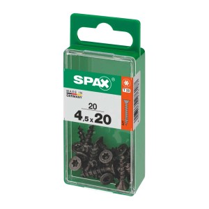 Viti universali Spax, 4,5x20 mm, zincate, nere, 20 pezzi in contenitore trasparente.