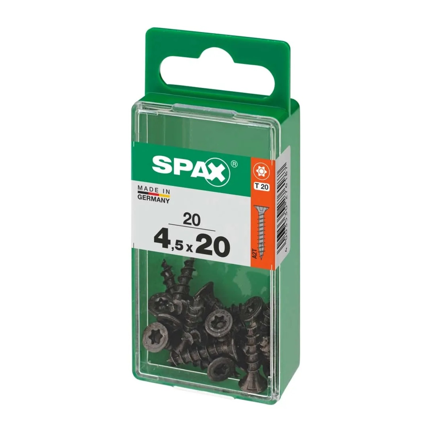 Viti universali Spax, 4,5x20 mm, zincate, nere, 20 pezzi in contenitore trasparente.