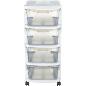 Cassettiera bianca con quattro cassetti trasparenti e ruote.