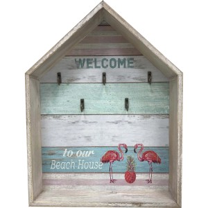 Portachiavi decorativo a casetta da spiaggia con fenicotteri e ananas.