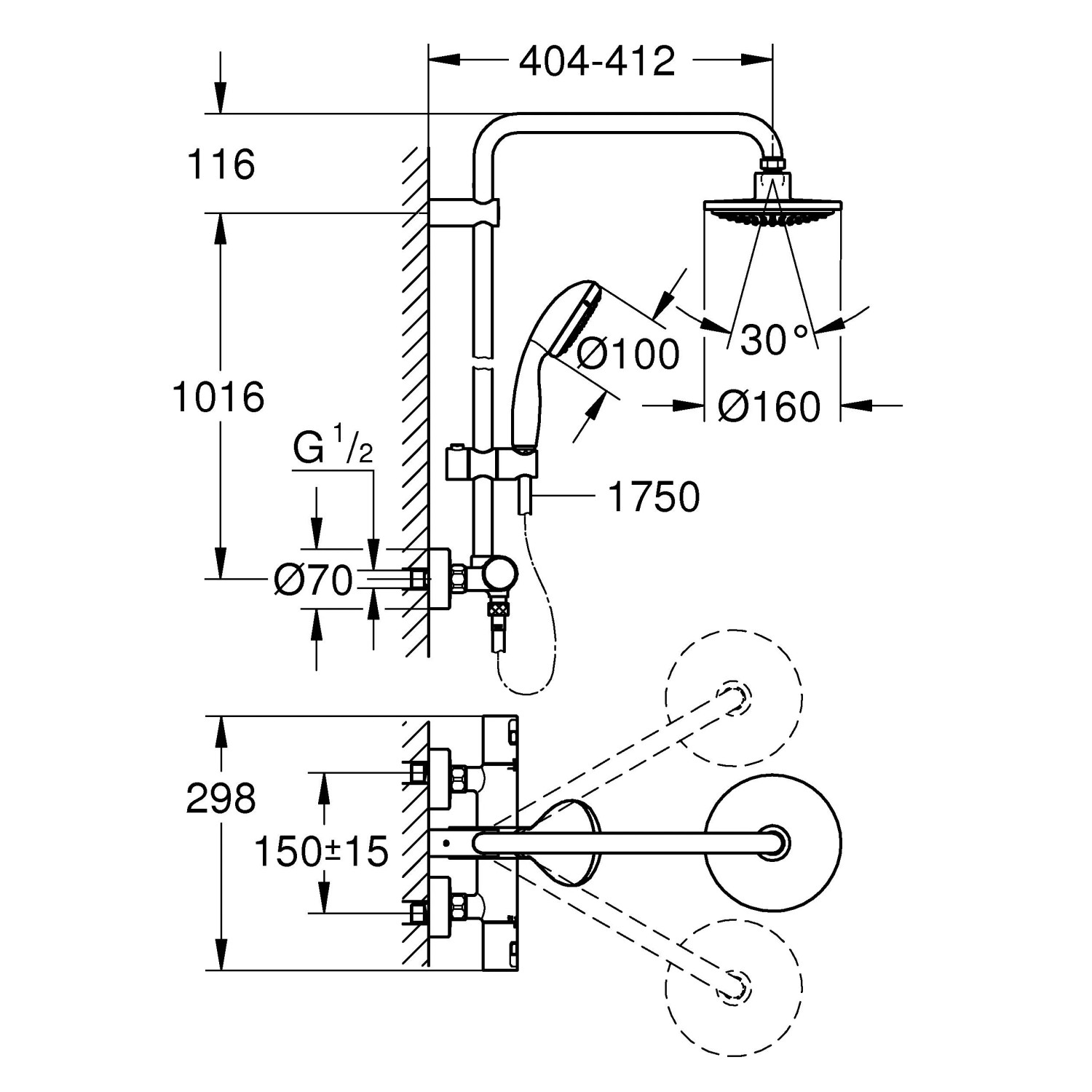 Disegno tecnico: Set doccia a pioggia Grohe QuickFix Vitalio Start con dimensioni.