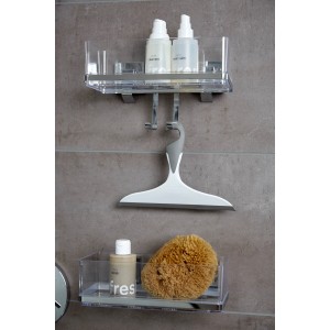Wenko tergivetro bagno Loano grigio con gancio su parete doccia, ripiani con utensili da bagno.
