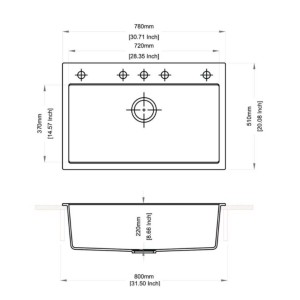 Schizzo di un lavello in acciaio inox con dimensioni.
