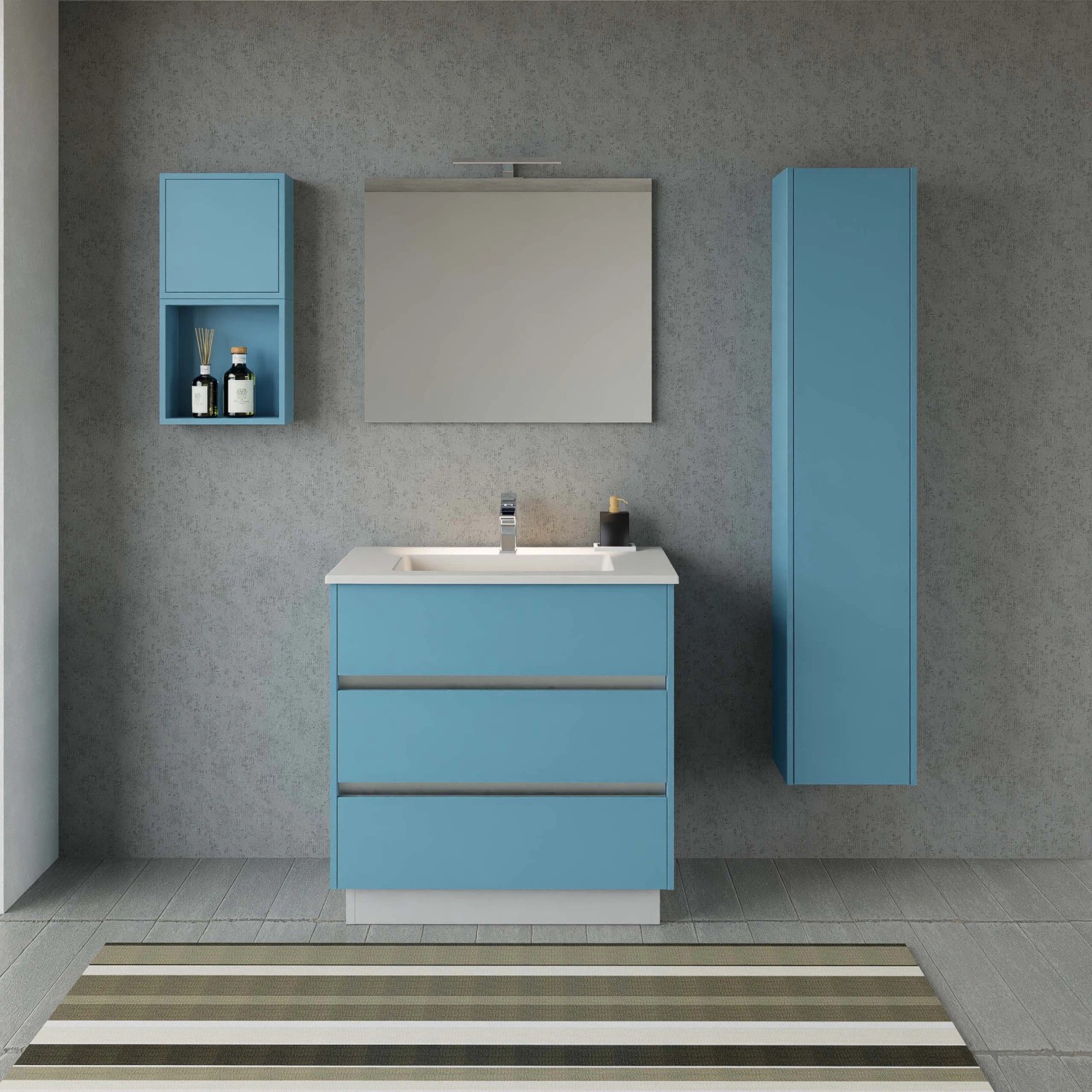 Set mobili bagno t.b.t. blu con lavabo, specchio, pensile e mobile base.