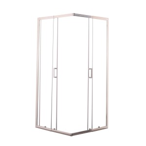 Box doccia angolare con ante in vetro trasparente e telaio argentato.