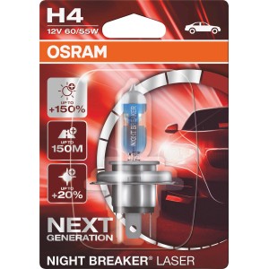 Lampada faro Osram Night Breaker Laser H4 per auto. Fino al 150% di luminosità in più.