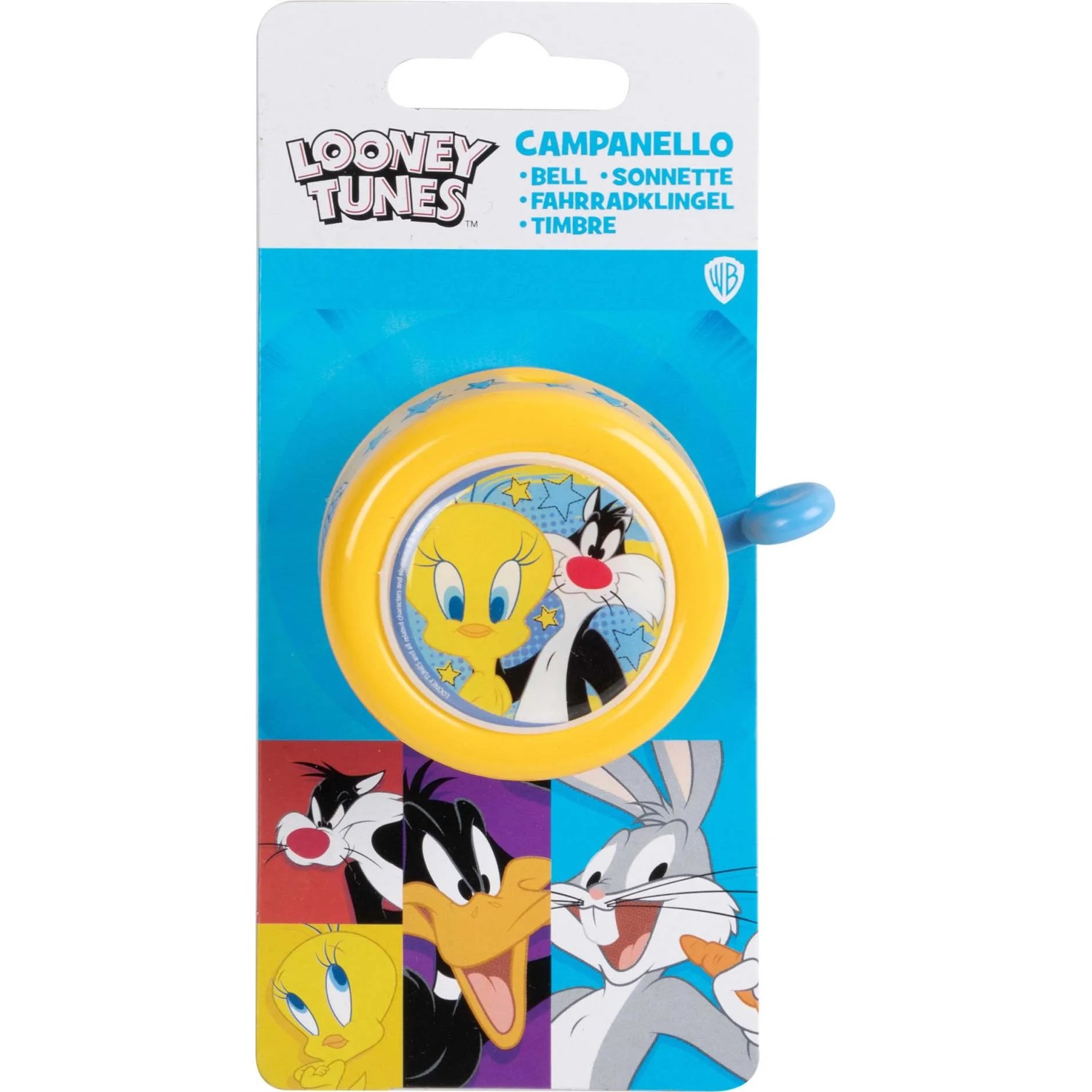 Campanello per bici giallo con motivi Looney Tunes per bici da bambini.