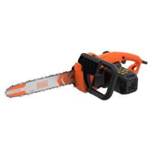 Motosega elettrica arancione Black+Decker con manico nero.