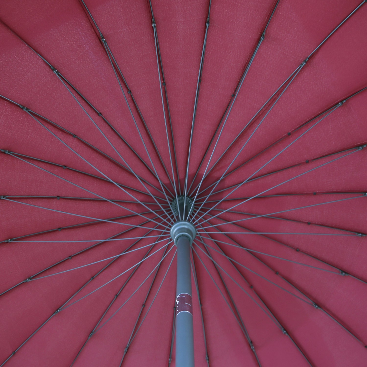 Vista dal basso: Ombrellone da mercato bordeaux Limon Ø 270 cm con stecche in acciaio e palo in alluminio.
