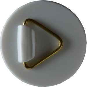 Supporto per cornice, rotondo, grigio con gancio dorato.