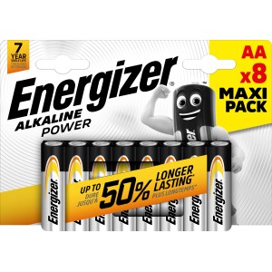 Energizer Alkaline Power AA batterie, confezione da 8. Batterie AA per dispositivi di uso quotidiano.