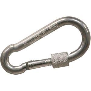 Moschettone argentato con chiusura a vite, adatto a diverse applicazioni.