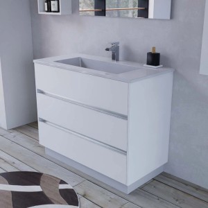 Mobile bagno bianco con tre cassetti.