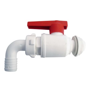 Rubinetto bianco con maniglia rossa per attrezzatura da campeggio.