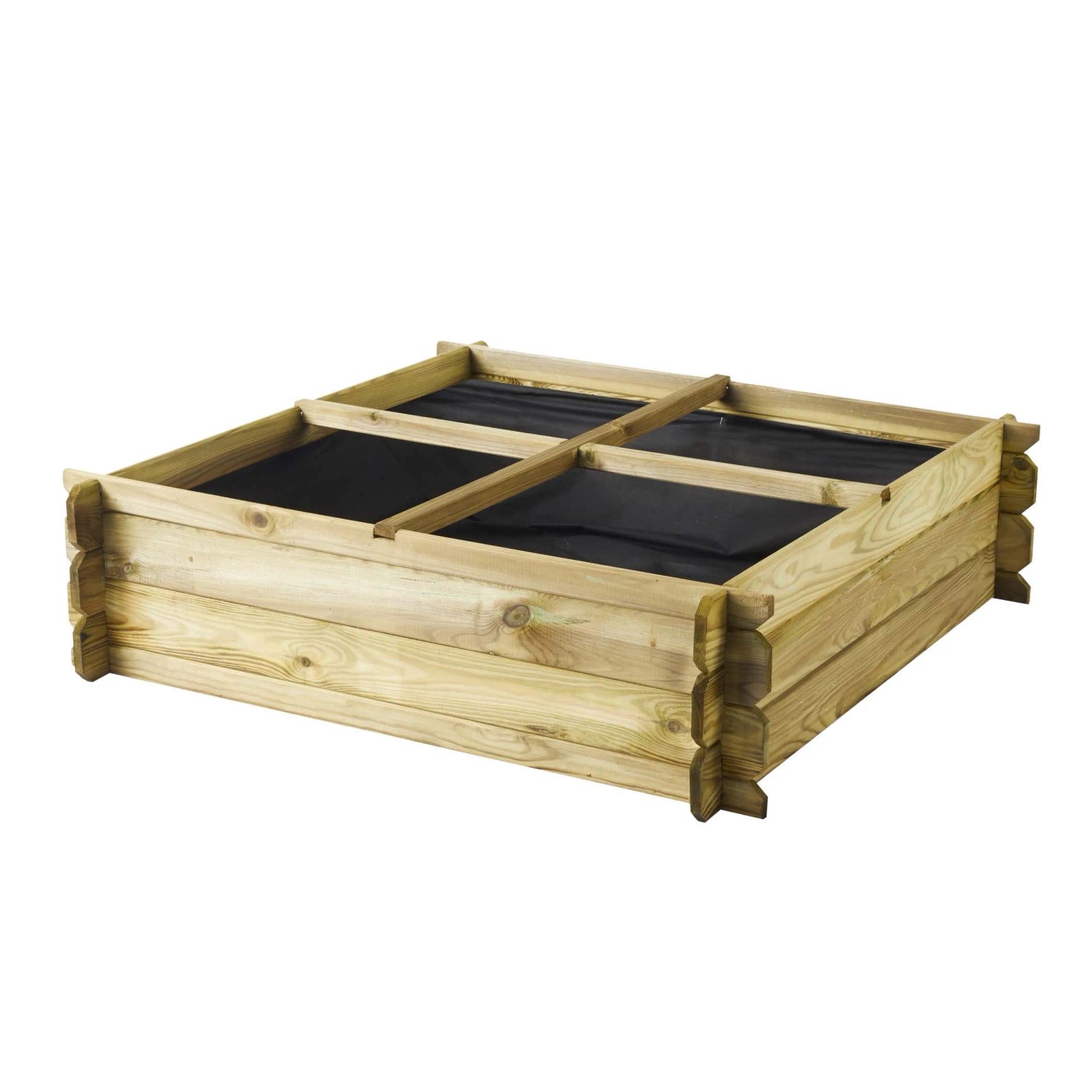Aiuola rialzata quadrata in legno con quattro scomparti per il giardino.