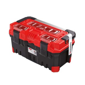 Valigetta porta attrezzi t.b.t., rosso/nero, con scomparti trasparenti nel coperchio.