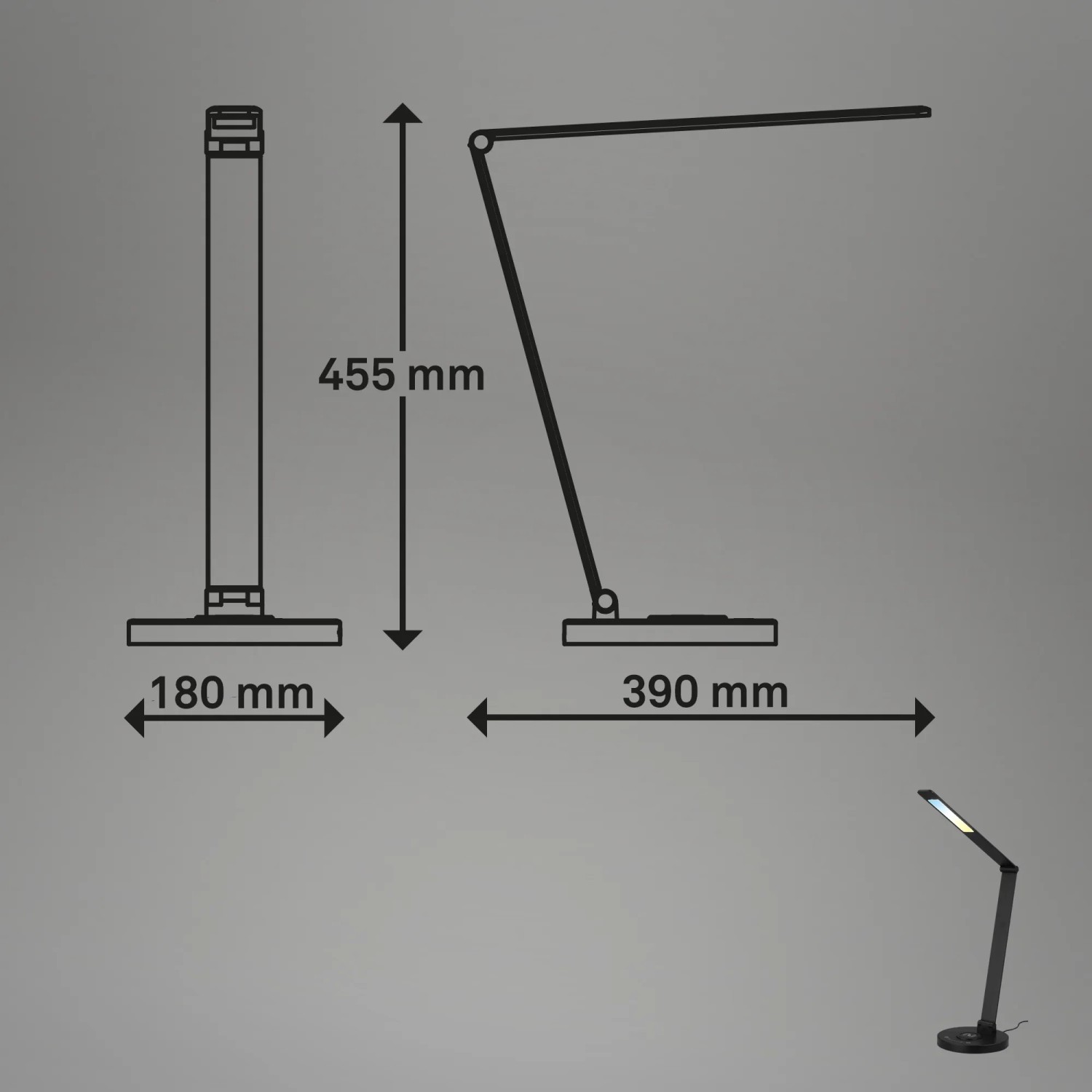 Schizzo della lampada da scrivania a LED nera Brilo Cuma con dimensioni e prodotto in uso.