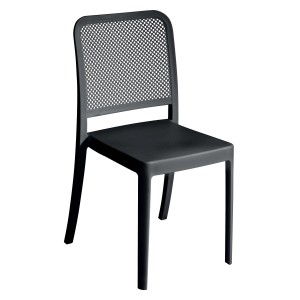 Sedia da giardino nera con schienale a rete.