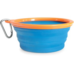 Ciotola per cani pieghevole blu con moschettone per viaggio.