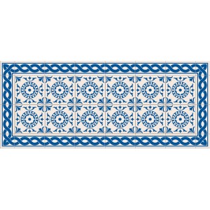 Tappeto da cucina con motivo a piastrelle blu e bianco.