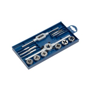 Set filettatura LUX acciaio M3-M12 Comfort in scatola blu: maschi, filiere, giramaschi e portafiliere.