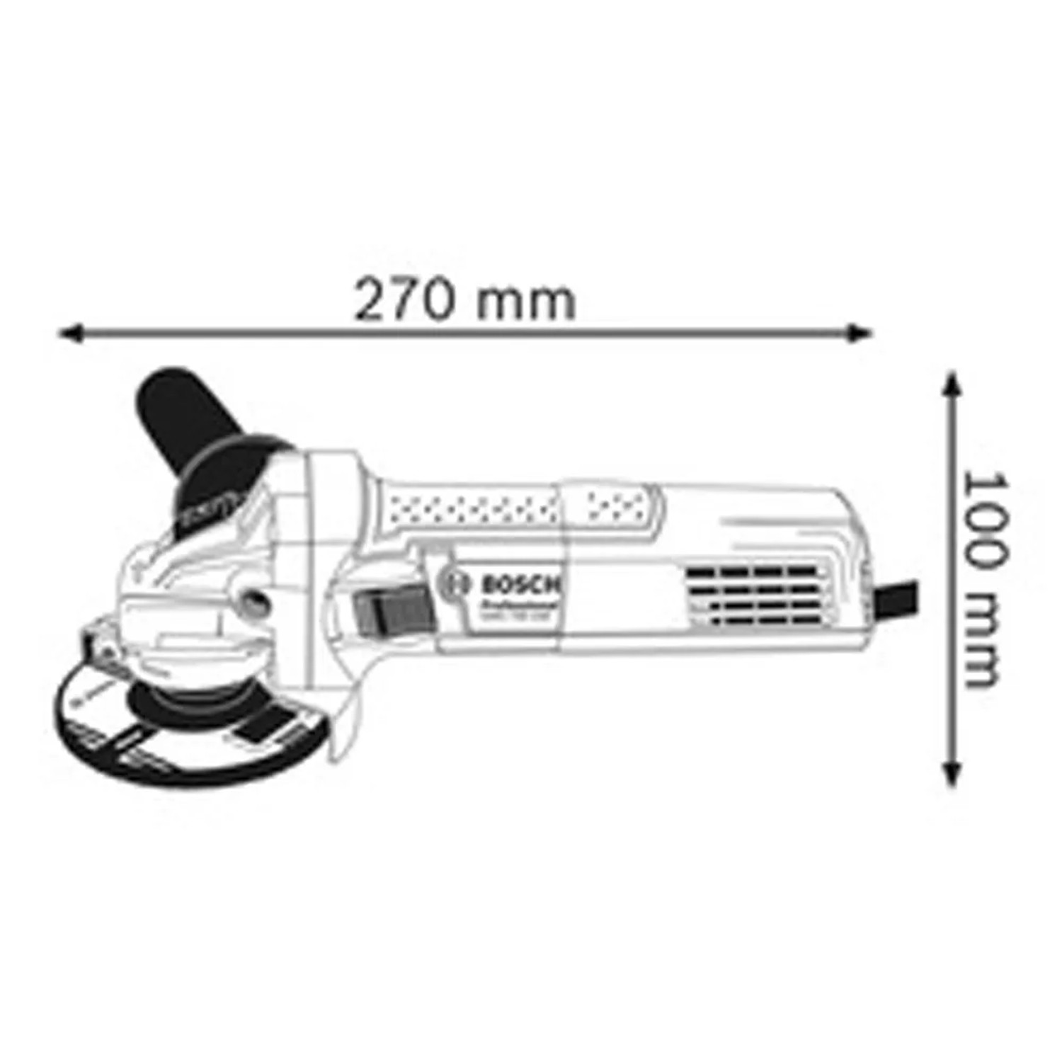 Schizzo della smerigliatrice angolare Bosch Professional GWS 750-115 con dimensioni.