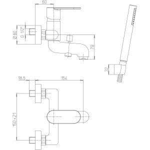 Disegno tecnico: Miscelatore per vasca t.b.t. con doccetta e dimensioni.