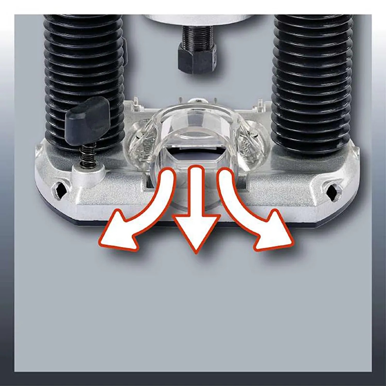 Dettaglio della fresatrice verticale Einhell TC-RO 1155 E con aspirazione polvere.