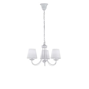 Lampada a sospensione bianca t.b.t. con tre paralumi per ambienti domestici.