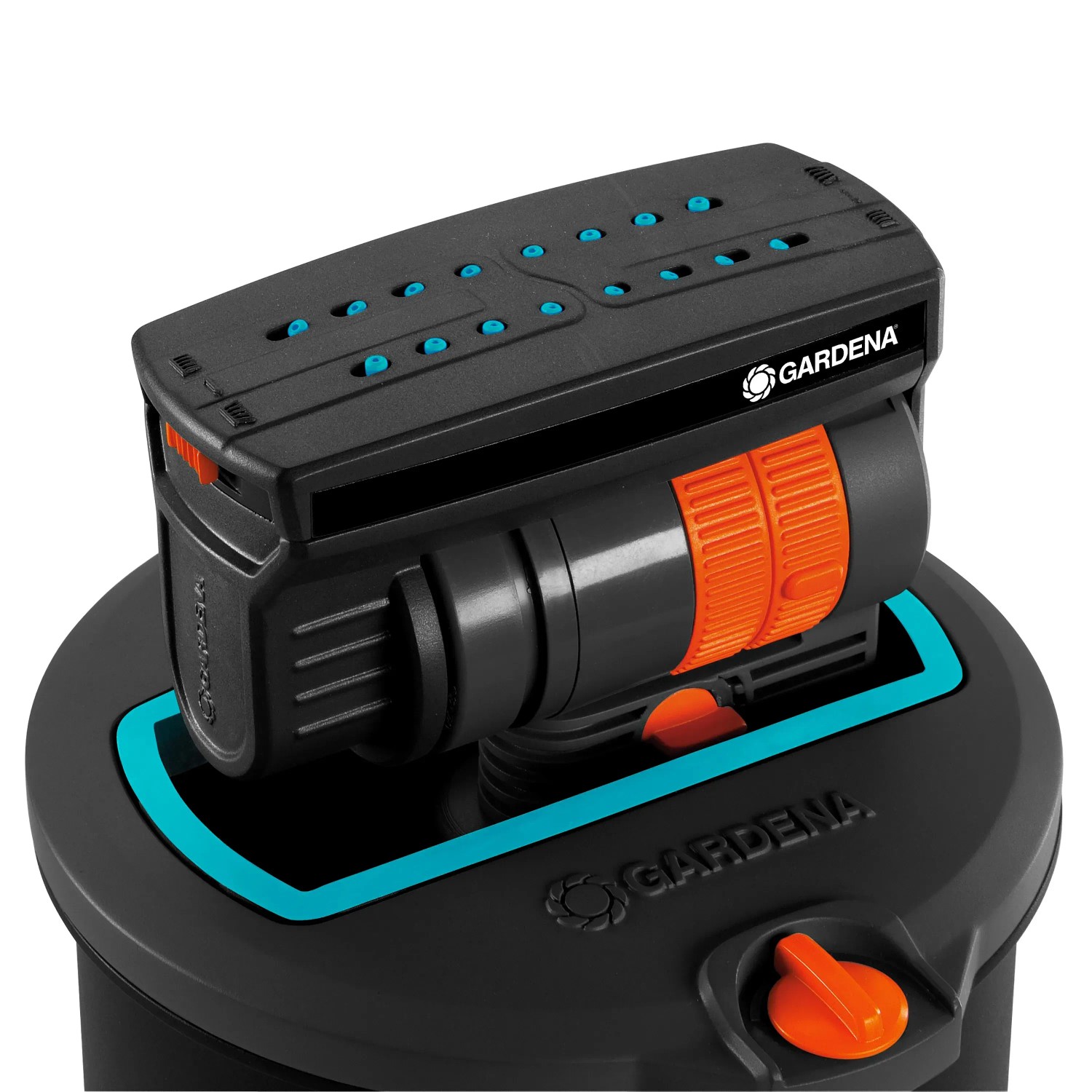 Gardena Sprinklersystem Irrigatore a scomparsa OS 140 per irrigazione prato. Irrigatori con manopole arancioni.