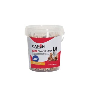 Secchio di snack per cani Camon Mini Snacks Mix con salmone, 500g.