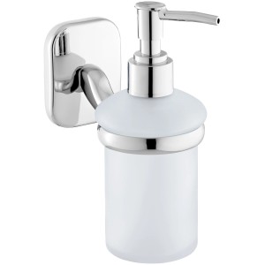 Dispenser sapone CMI S 100 in vetro satinato con supporto a parete cromato.