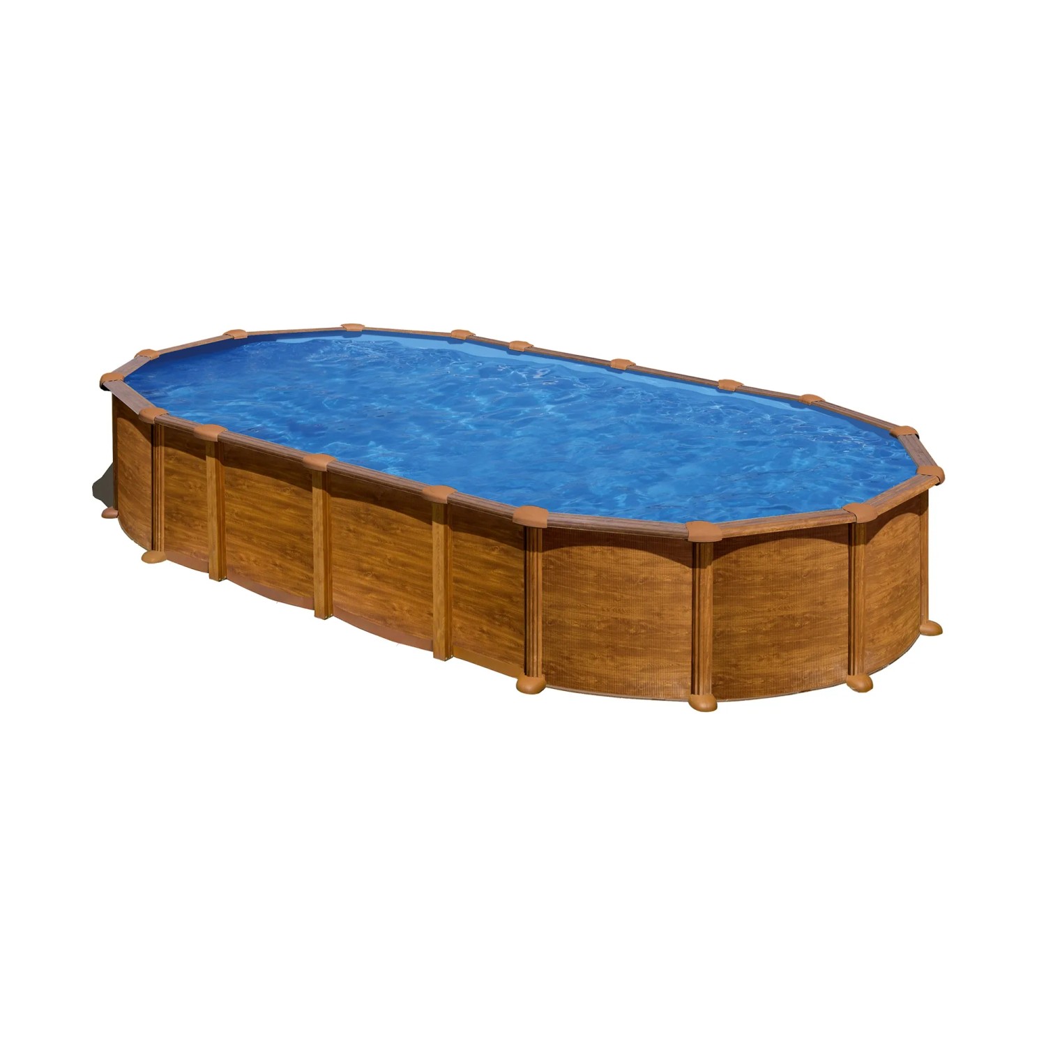 Piscina ovale Gre Amazonia effetto legno, 730x375x132 cm, riempita con acqua blu.