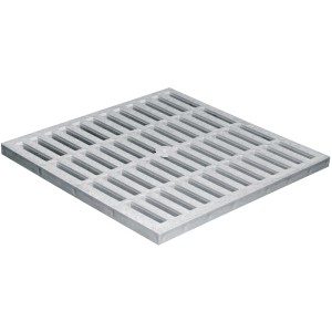 Coperchio quadrato in metallo per pozzetto di scarico con motivo a fessure.