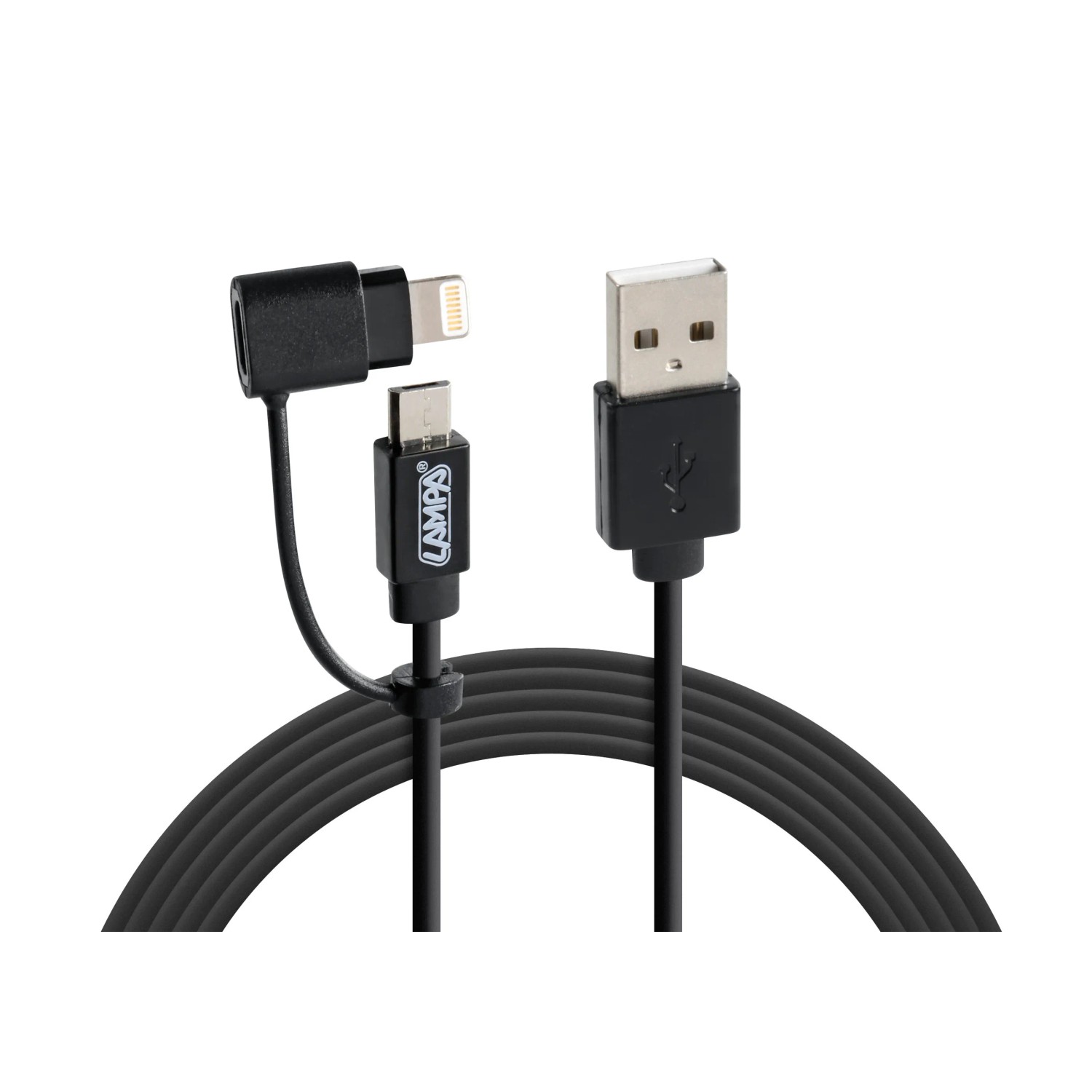 Cavo USB nero t.b.t. con connettore Micro-USB, Lightning e USB-A per interni auto.