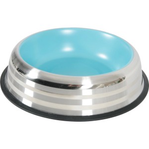Ciotola per gatti t.b.t. con interno blu e bordo in acciaio inox argentato.