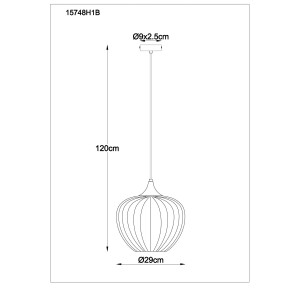 Disegno tecnico di una lampada a sospensione t.b.t. con dimensioni. Ideale per pianificare l'illuminazione.