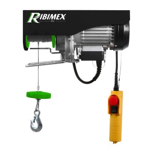 Verricello elettrico Ribimex per accessori nautici. Dispositivo di sollevamento con gancio e comando giallo.